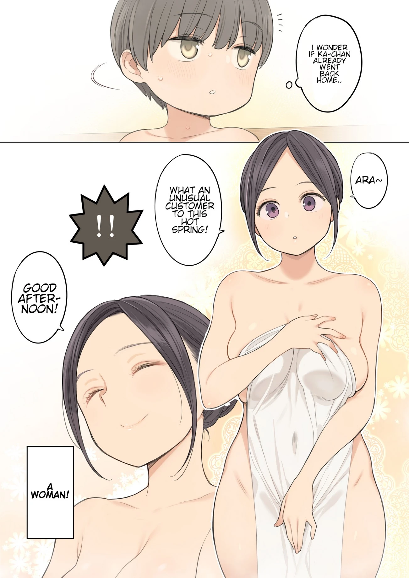 Story of how I came a lot with an older oneesan at the mixed hot spring bath porn comic picture 3
