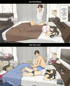 A Day in the Life of a Couple: Their First Month Living Together vs. One Year Later | Dousei Seikatsu Ikkagetsume to Ichinen Ato, Asaokite kara Shuushin made no Hikaku porn comic picture 1