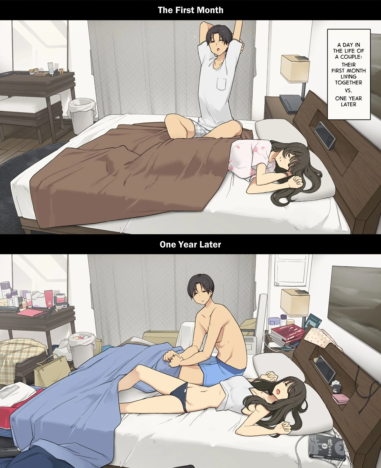 A Day in the Life of a Couple: Their First Month Living Together vs. One Year Later | Dousei Seikatsu Ikkagetsume to Ichinen Ato, Asaokite kara Shuushin made no Hikaku porn comic picture 1