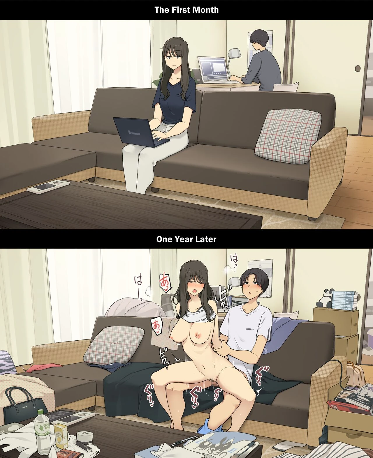A Day in the Life of a Couple: Their First Month Living Together vs. One Year Later | Dousei Seikatsu Ikkagetsume to Ichinen Ato, Asaokite kara Shuushin made no Hikaku porn comic picture 10