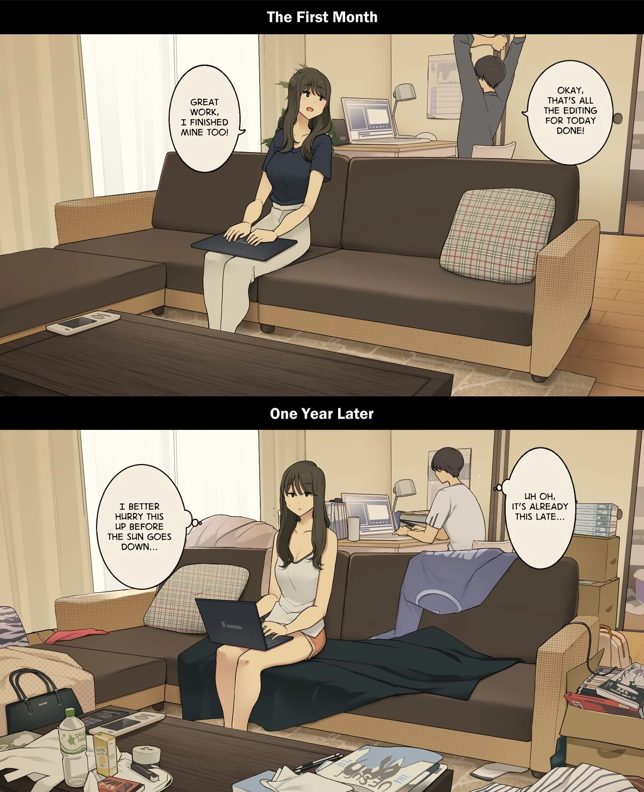 A Day in the Life of a Couple: Their First Month Living Together vs. One Year Later | Dousei Seikatsu Ikkagetsume to Ichinen Ato, Asaokite kara Shuushin made no Hikaku porn comic picture 11