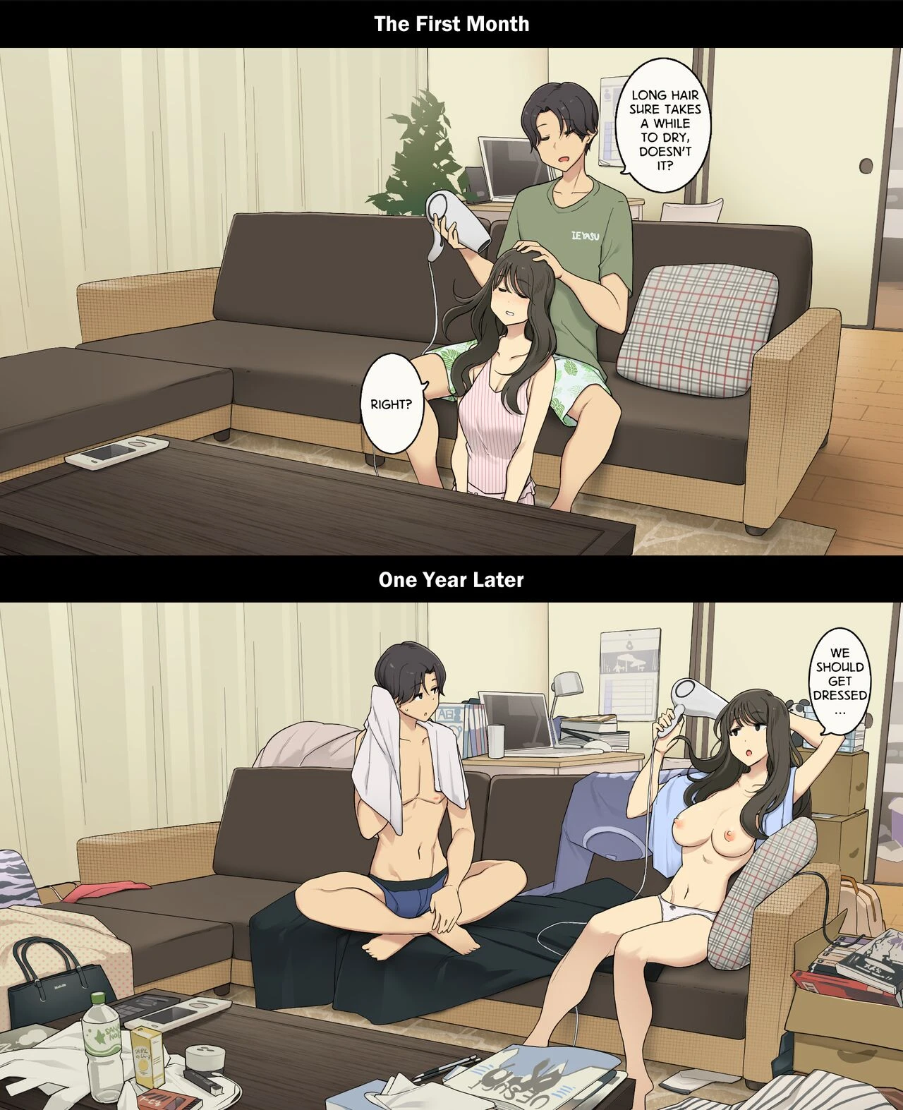 A Day in the Life of a Couple: Their First Month Living Together vs. One Year Later | Dousei Seikatsu Ikkagetsume to Ichinen Ato, Asaokite kara Shuushin made no Hikaku porn comic picture 13