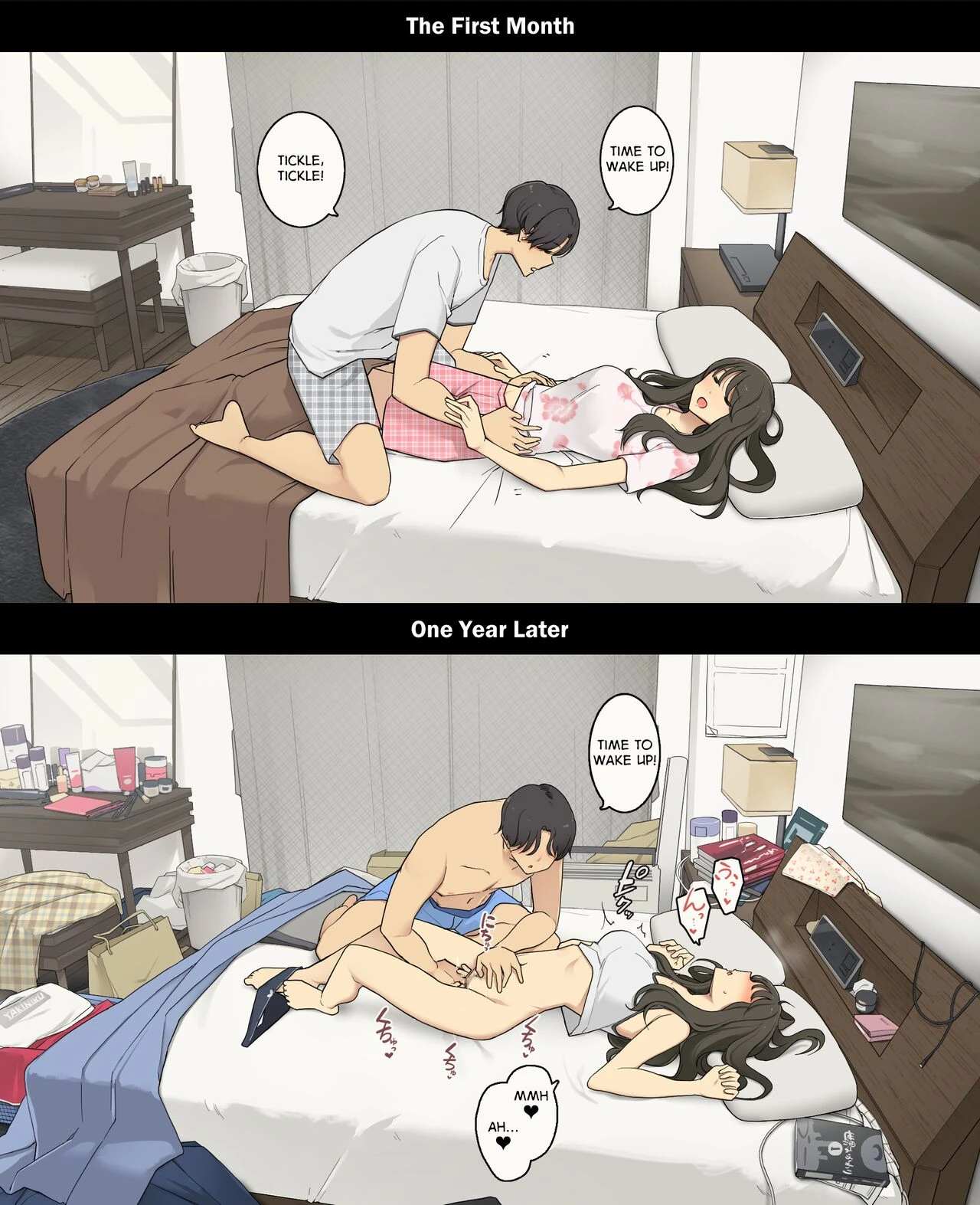 A Day in the Life of a Couple: Their First Month Living Together vs. One Year Later | Dousei Seikatsu Ikkagetsume to Ichinen Ato, Asaokite kara Shuushin made no Hikaku porn comic picture 2