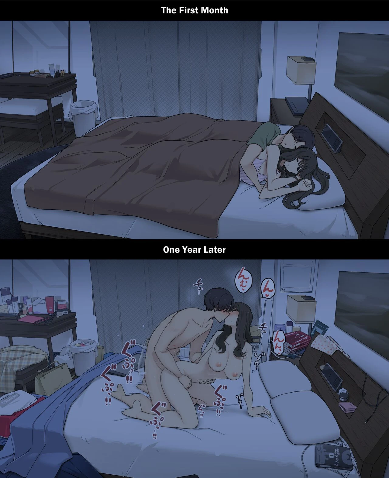 A Day in the Life of a Couple: Their First Month Living Together vs. One Year Later | Dousei Seikatsu Ikkagetsume to Ichinen Ato, Asaokite kara Shuushin made no Hikaku porn comic picture 21