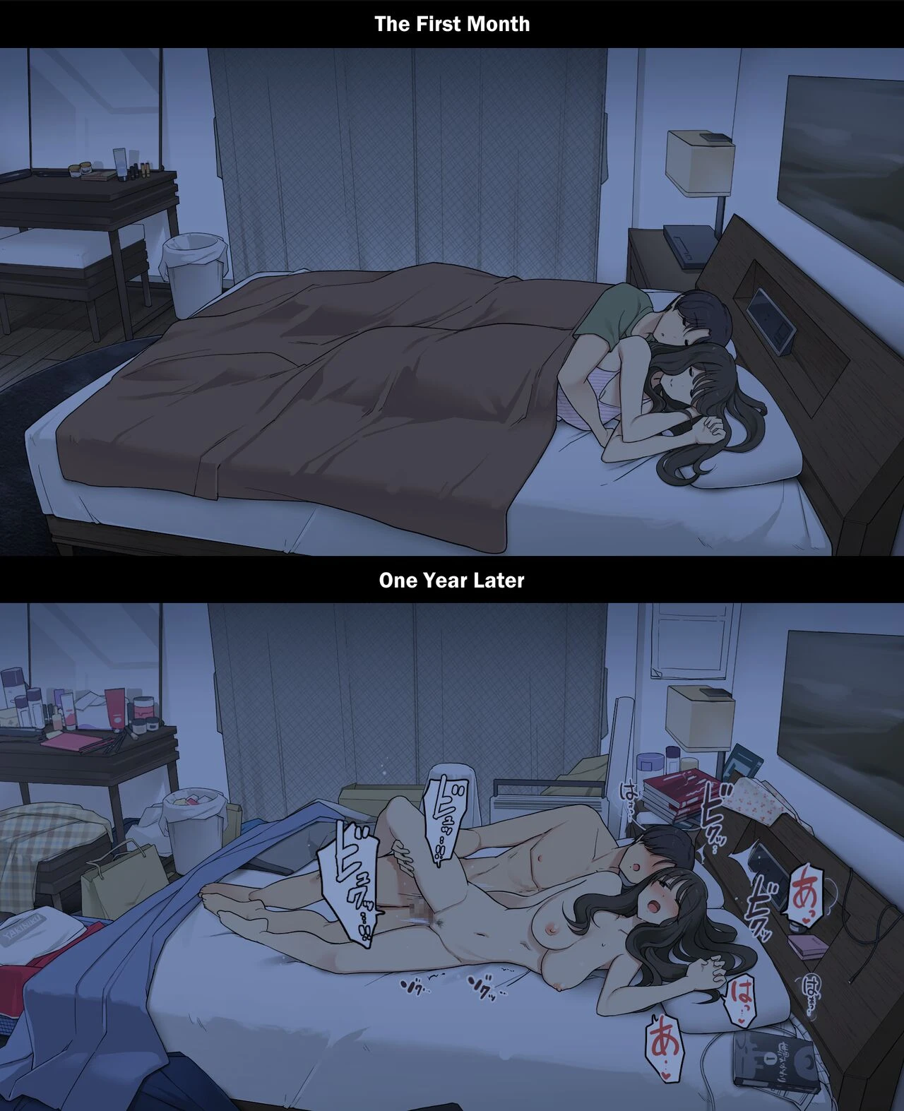 A Day in the Life of a Couple: Their First Month Living Together vs. One Year Later | Dousei Seikatsu Ikkagetsume to Ichinen Ato, Asaokite kara Shuushin made no Hikaku porn comic picture 24