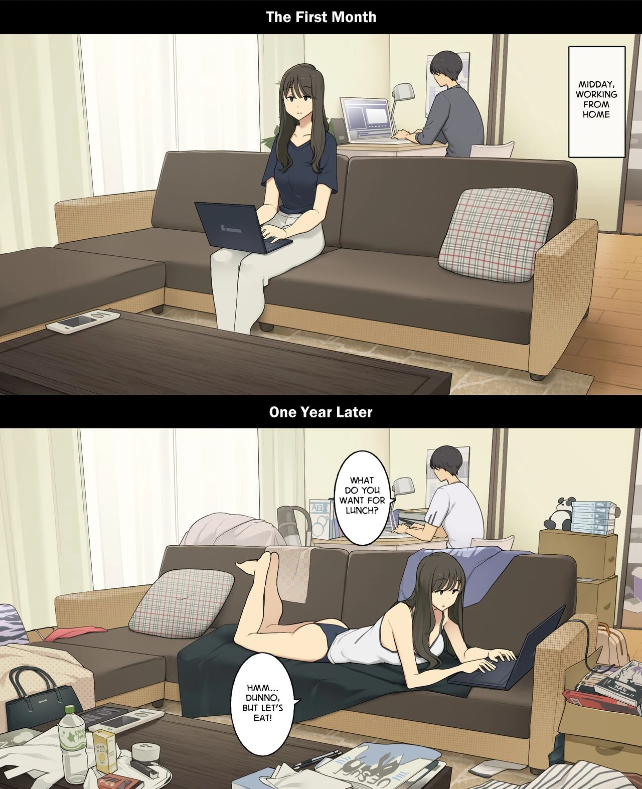 A Day in the Life of a Couple: Their First Month Living Together vs. One Year Later | Dousei Seikatsu Ikkagetsume to Ichinen Ato, Asaokite kara Shuushin made no Hikaku porn comic picture 6