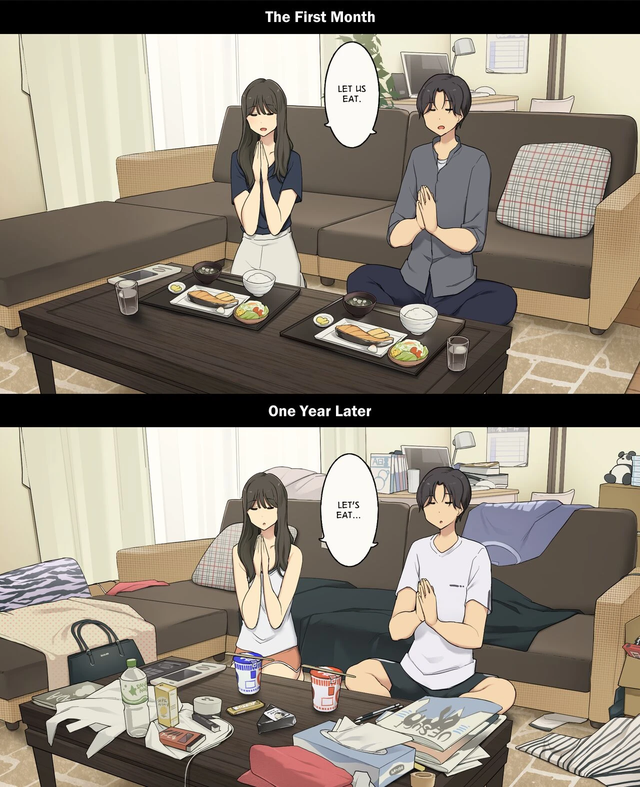 A Day in the Life of a Couple: Their First Month Living Together vs. One Year Later | Dousei Seikatsu Ikkagetsume to Ichinen Ato, Asaokite kara Shuushin made no Hikaku porn comic picture 7