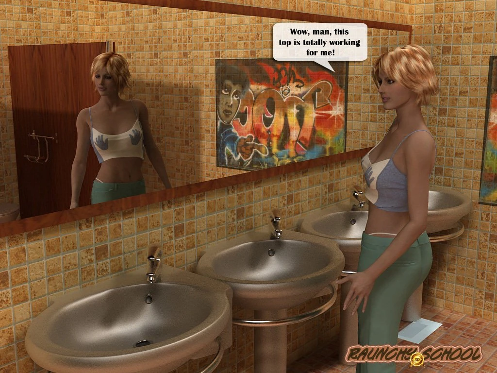 Girls caught using a giant sex toy in the bathroom porn comic picture 1