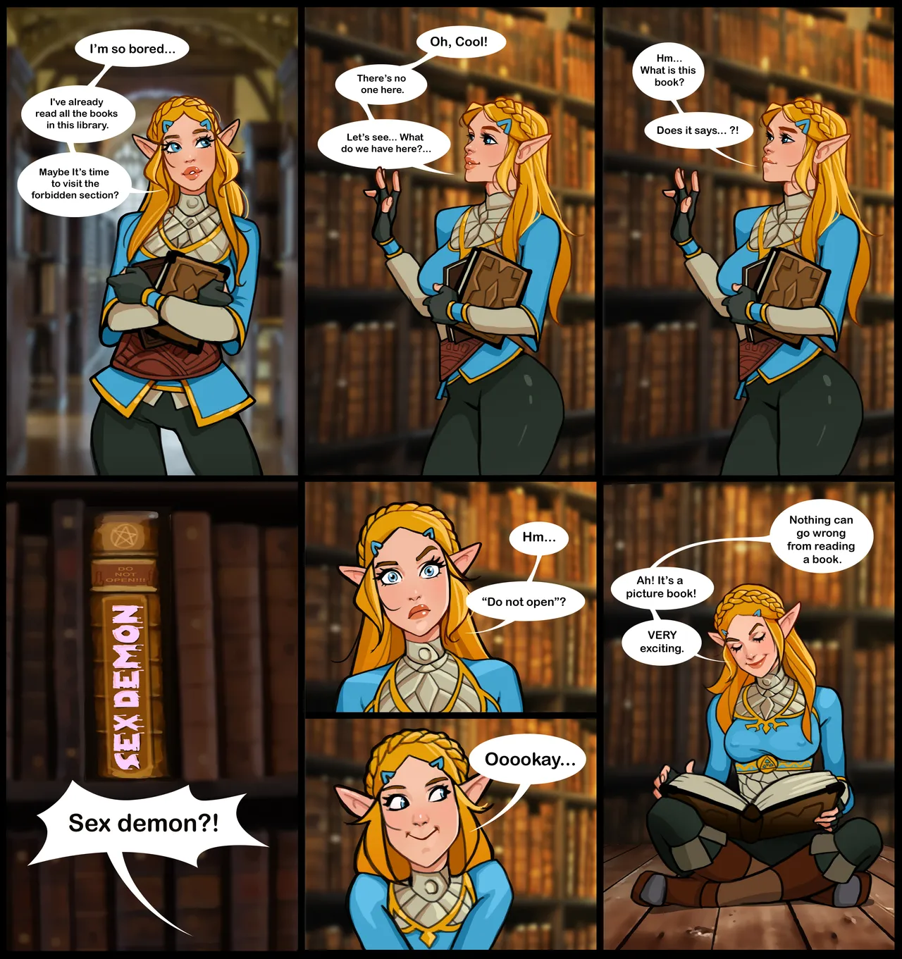 Zelda in a library porn comic picture 1