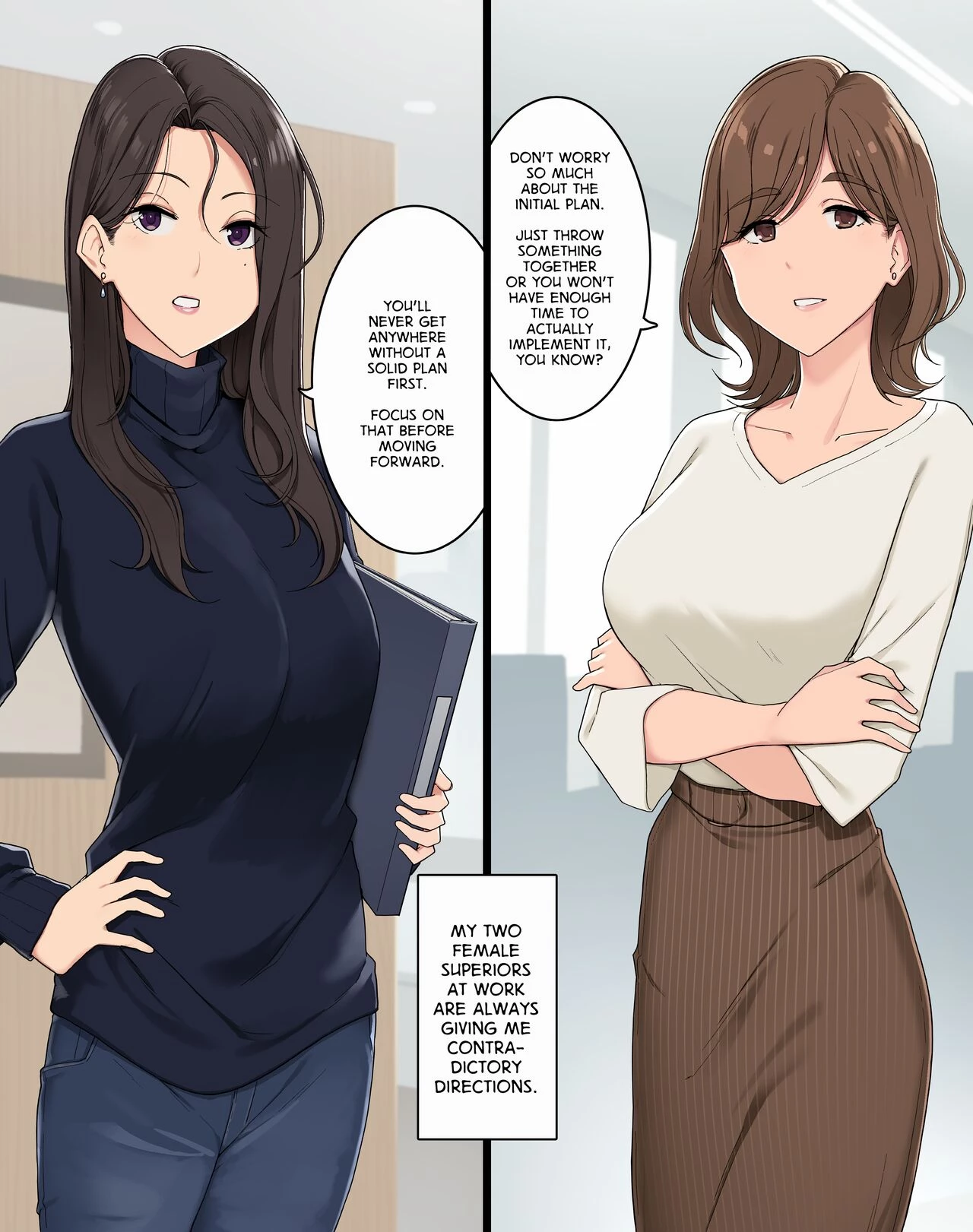 Beset on Either Side by My Female Superiors, My Brain Short-Circuited| Onna Joushi Futari ni Ryougawa kara Semerarete Nou Bug-rasareru Hanashi porn comic picture 1