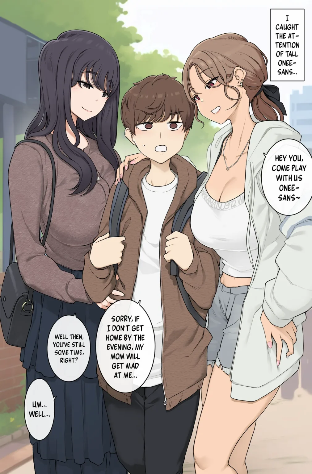 Sex Where I'm Sandwiched Between Tall, Busty Onee-sans and Unable to Escape | Keitai Choushin Onee-san-tachi ni Ryougawa kara Press Sarete Nigerarenai Sex porn comic picture 1