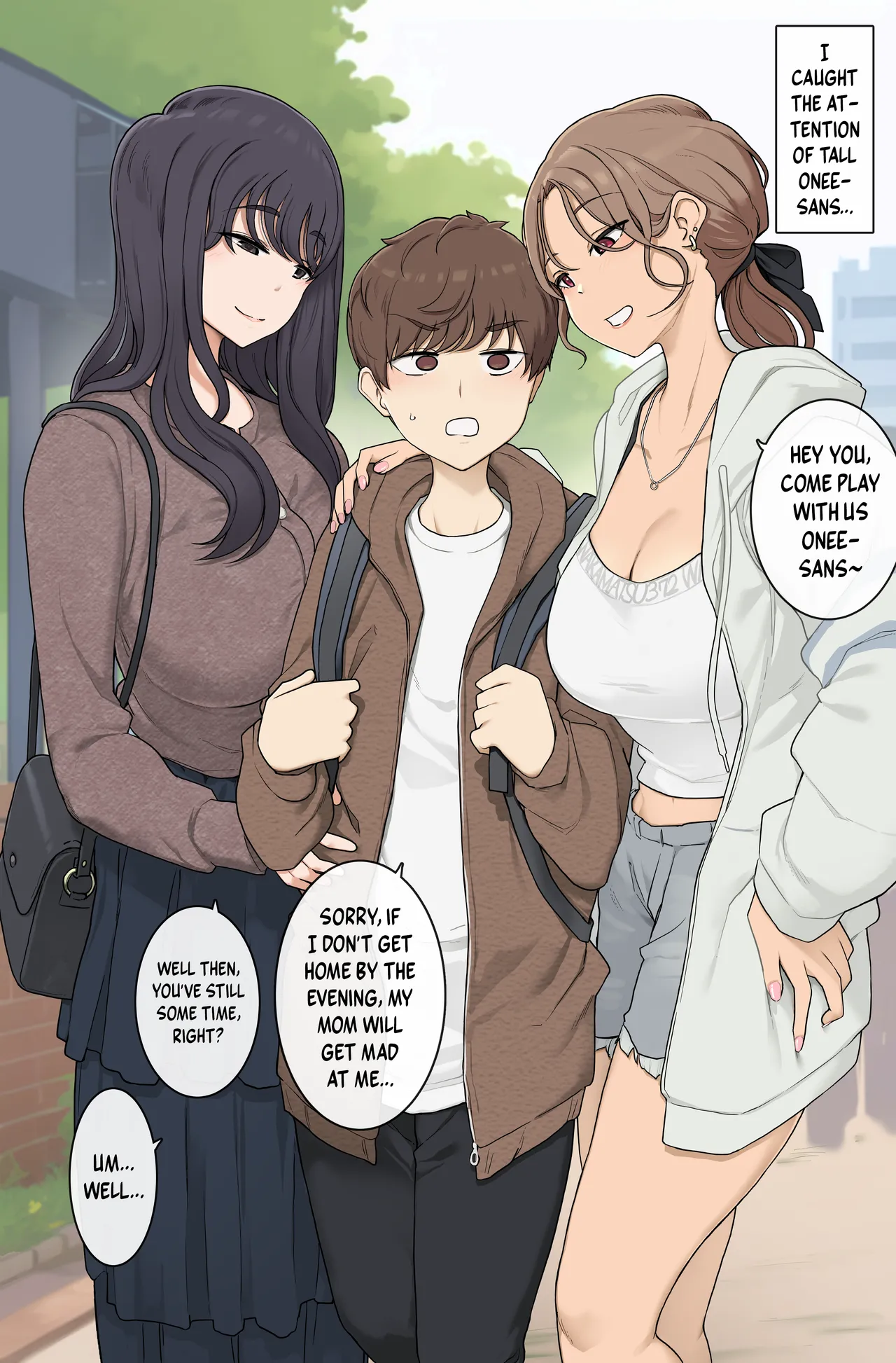 Sex Where I'm Sandwiched Between Tall, Busty Onee-sans and Unable to Escape | Keitai Choushin Onee-san-tachi ni Ryougawa kara Press Sarete Nigerarenai Sex porn comic picture 1