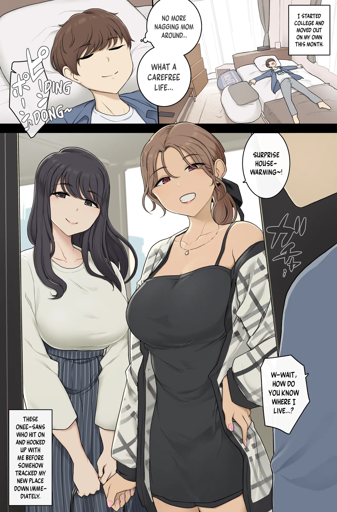 Tall, Busty Onee-sans Turn My New Place into Their Sex Room | Keitai Choushin Onee-san-tachi ni Shinkyo o Yaribeya ni Sareru Hanashi porn comic picture 1