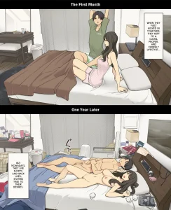 A Day in the Life of a Couple: Their First Month Living Together vs One Year Later - 同棲生活1ヵ月目と1年後、朝起きてから就寝までの比較 porn comic picture 1