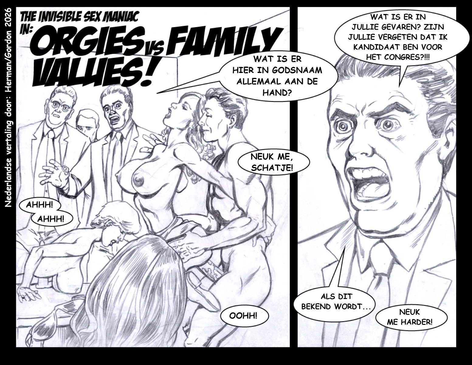 Invisible Sex Maniac - Office Orgy! & Orgies vs Family Values [NL] porn comic picture 5