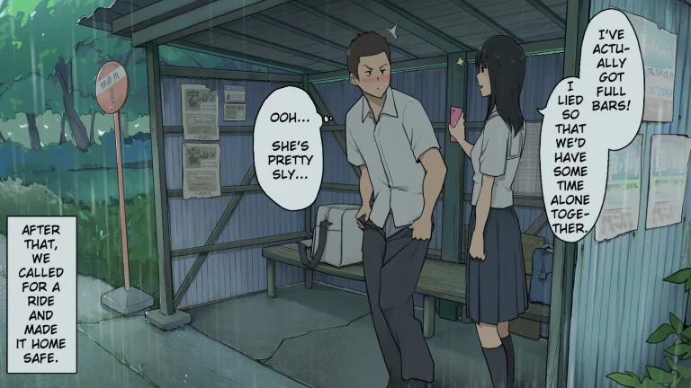 Shelter from the rain with a junior girl who always goes to and from school at a bus stop in the countryside -田舎のバス停にて登下校でいつも一緒になる後輩女子と雨宿り porn comic picture 1